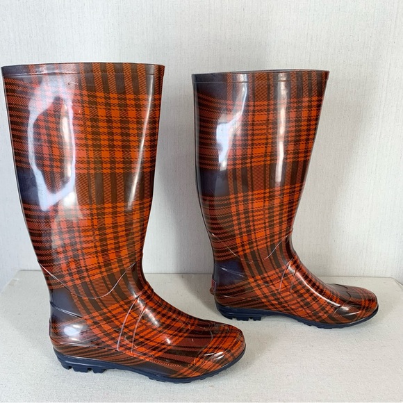 143 Girl~Women’s Red/Navy Tartan‎ Plaid Tall/Knee High Rubber Rain Boots~Sz 10 - Picture 7 of 12
